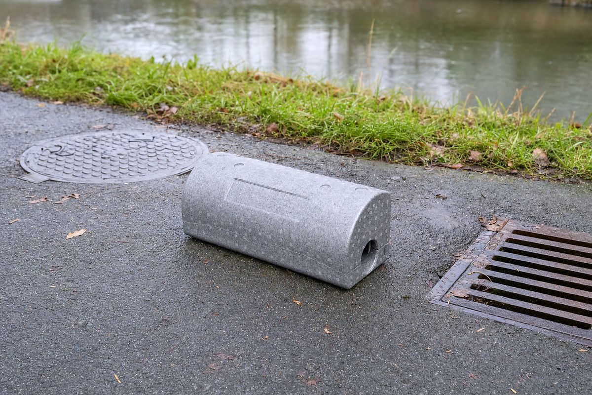 Section fermée en mousse rigide posée sur l'asphalte, entre le couvercle de regard et la grille de drainage, avec, derrière, le talus d'un cours d'eau