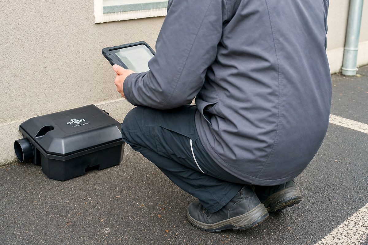 Un technicien de lutte contre les nuisibles vérifie une station de surveillance fermée installée sur le mur d'un bâtiment et consigne ses observations sur sa tablette
